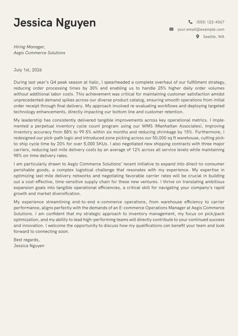 E-commerce Operations Manager cover letter example preview