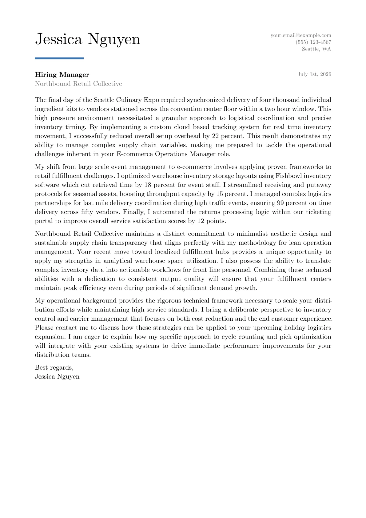 E-commerce Operations Manager cover letter in the Executive design