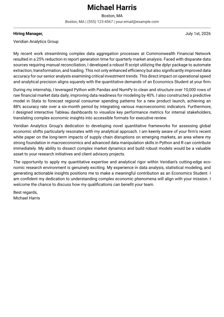 Economics Student cover letter example