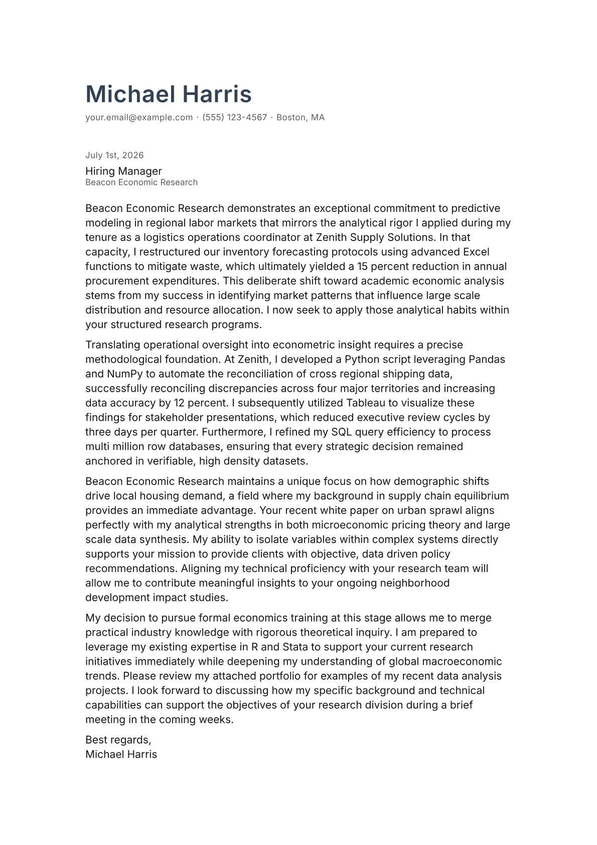 Economics Student cover letter in the Minimal design