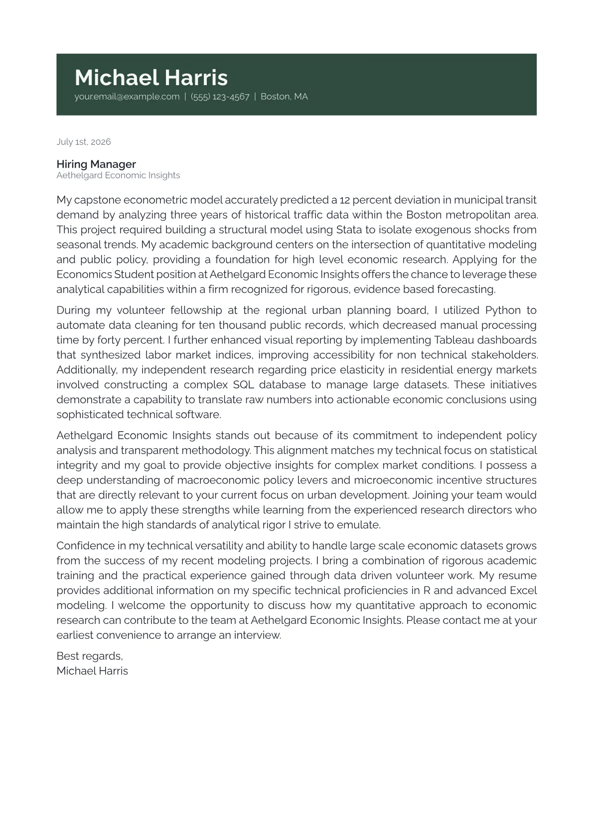 Economics Student cover letter in the Banner design