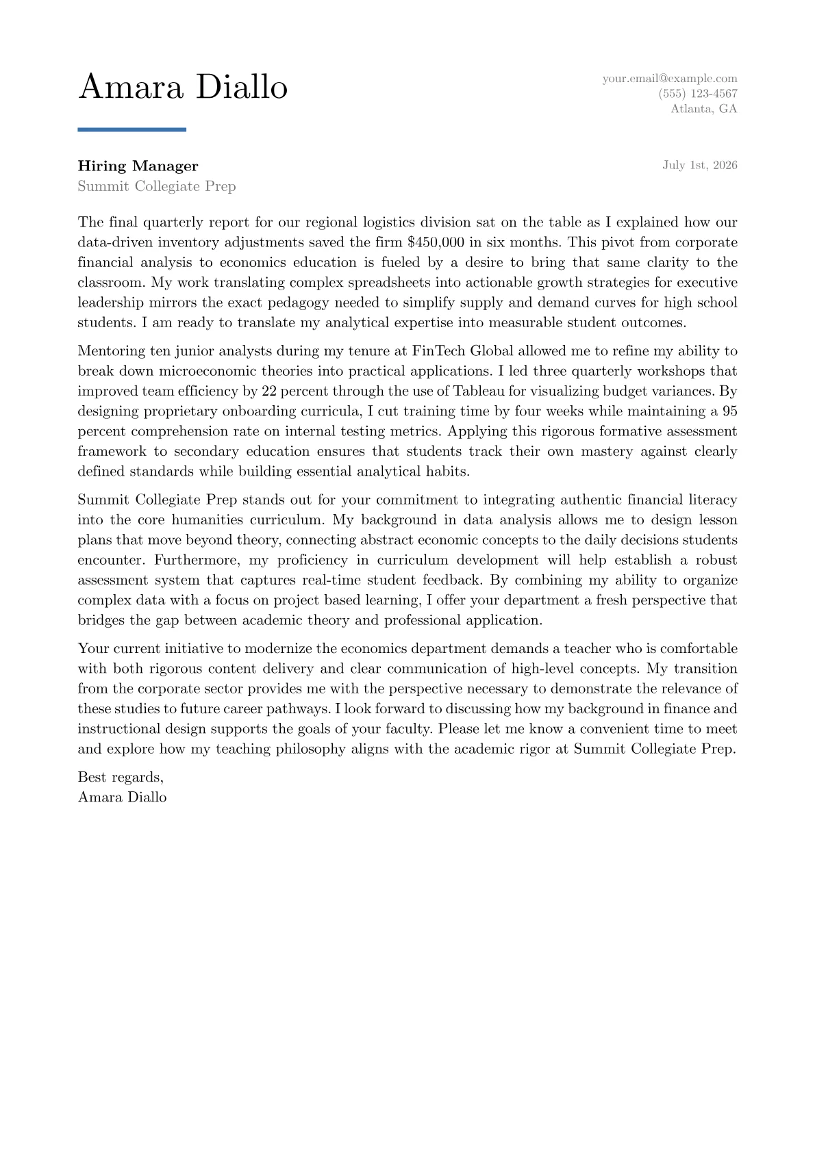 Economics Teacher cover letter in the Executive design