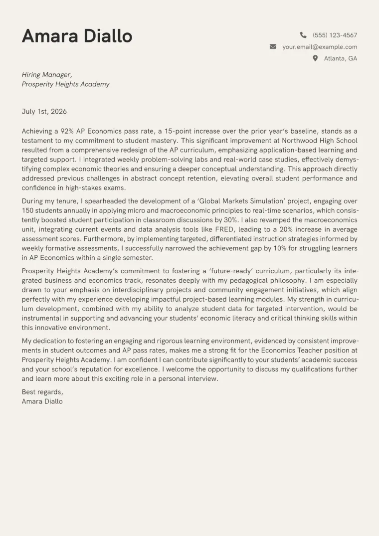 Economics Teacher cover letter example