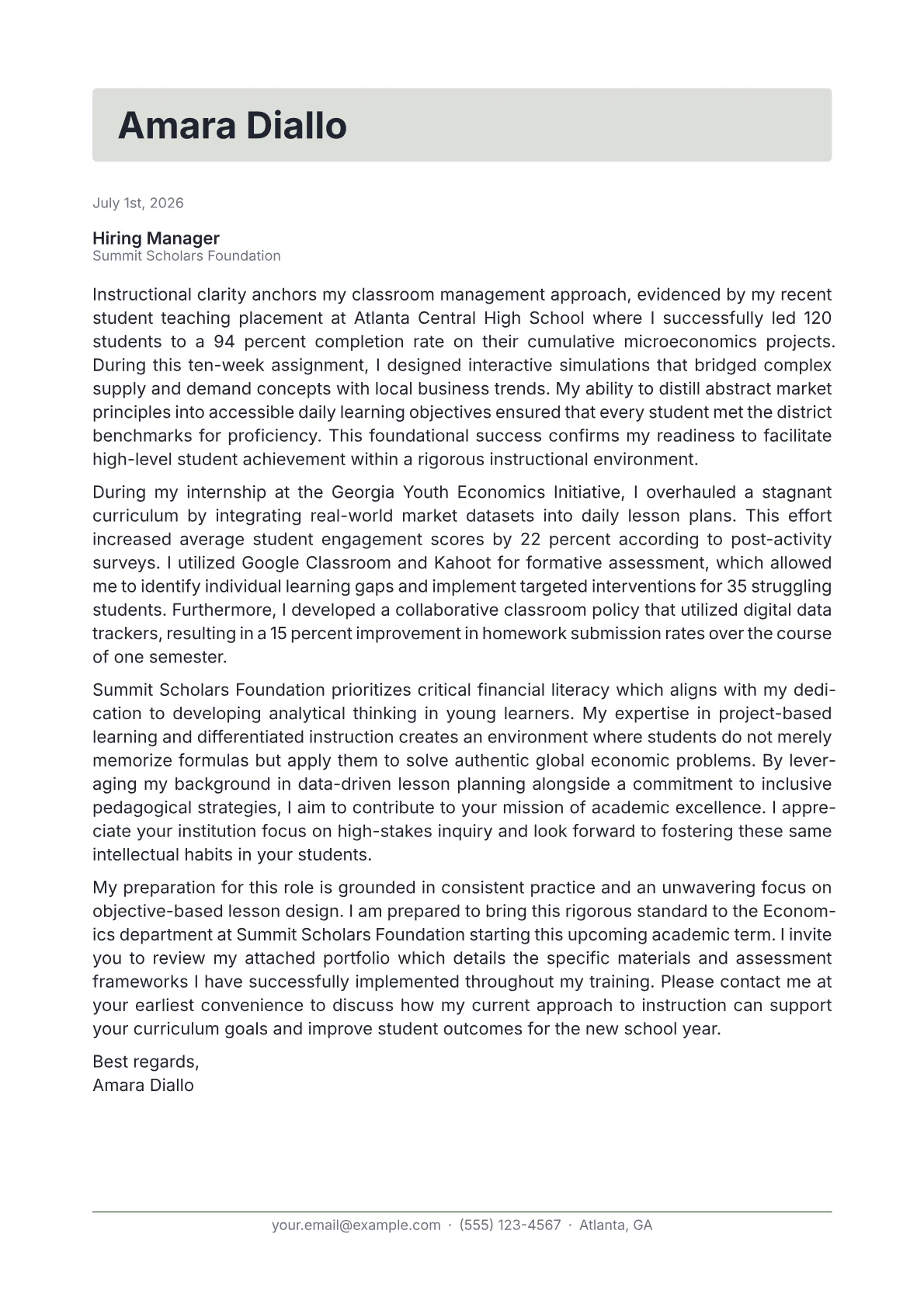 Economics Teacher cover letter in the Letterhead design