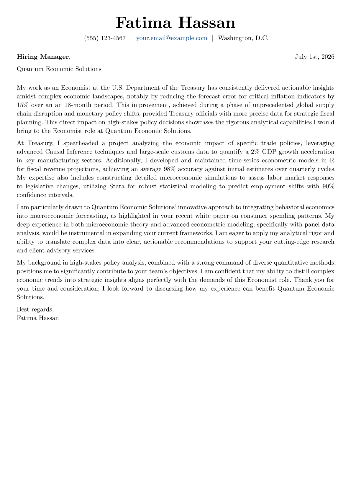 Economist cover letter formatted with a JobSprout template