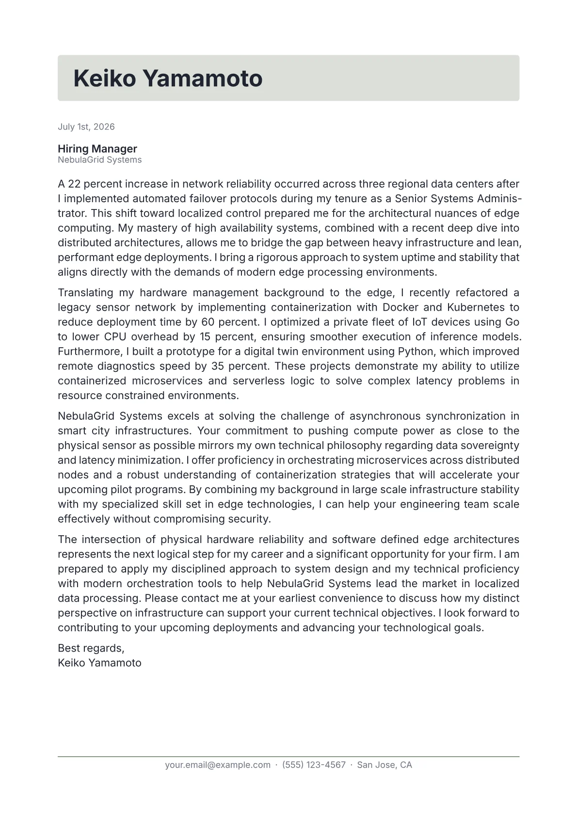 Edge Computing Engineer cover letter in the Letterhead design