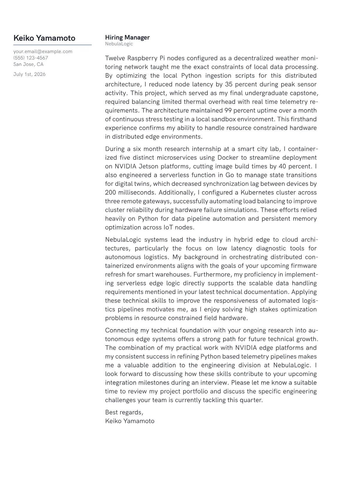 Edge Computing Engineer cover letter in the Margin design
