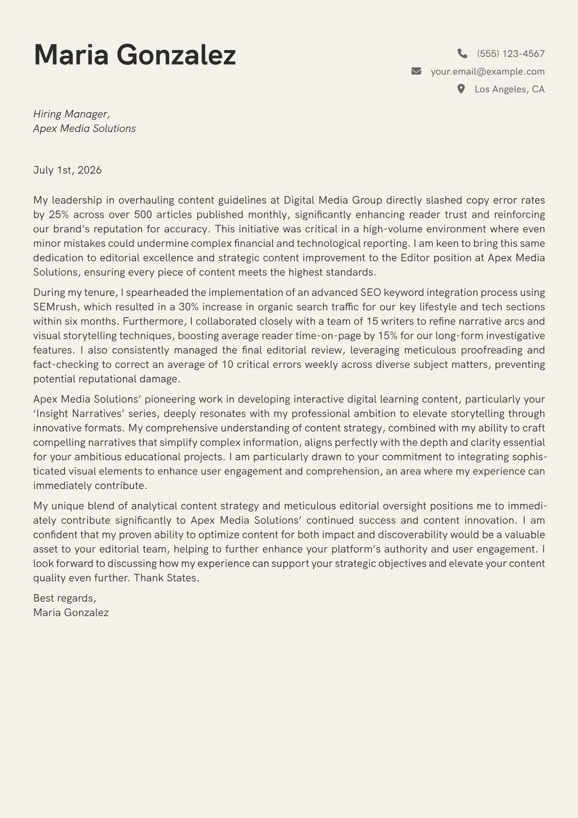 Editor cover letter formatted with a JobSprout template