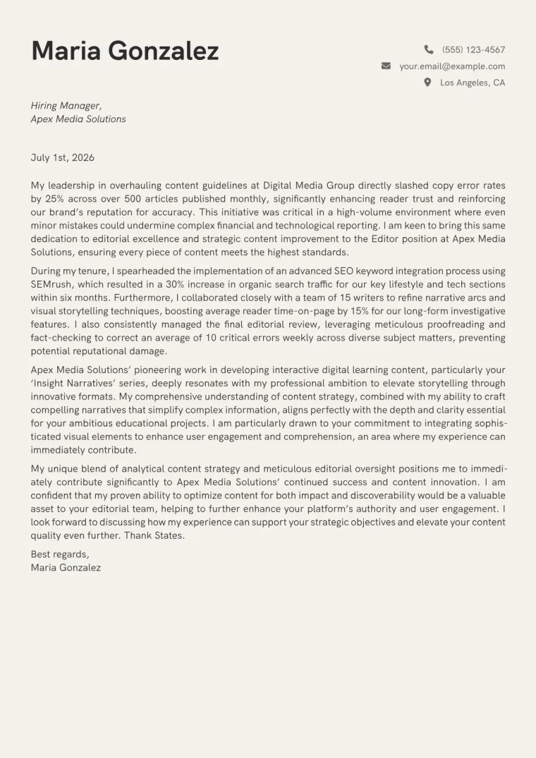 Editor Cover Letter Example