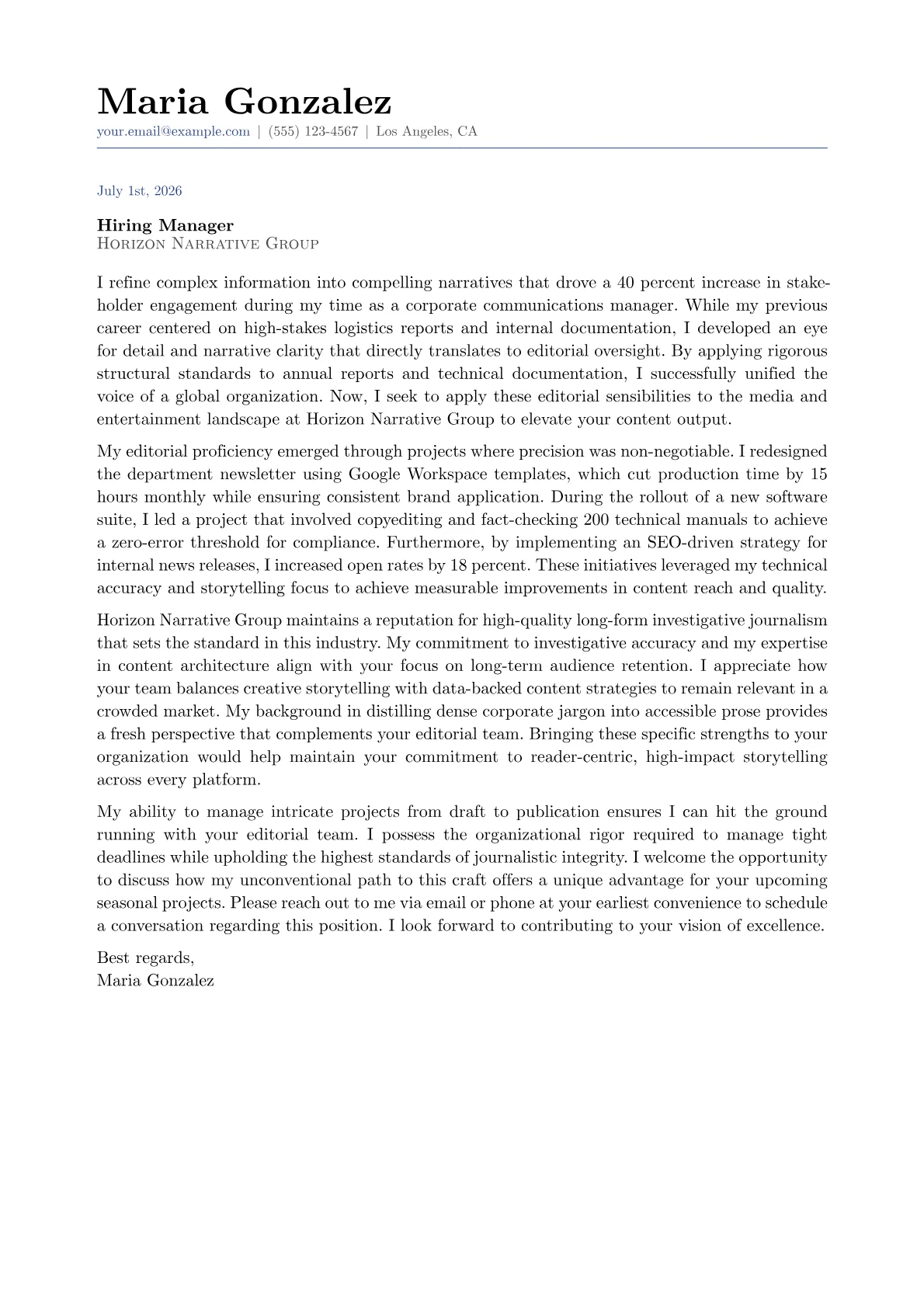Editor cover letter in the Classic design