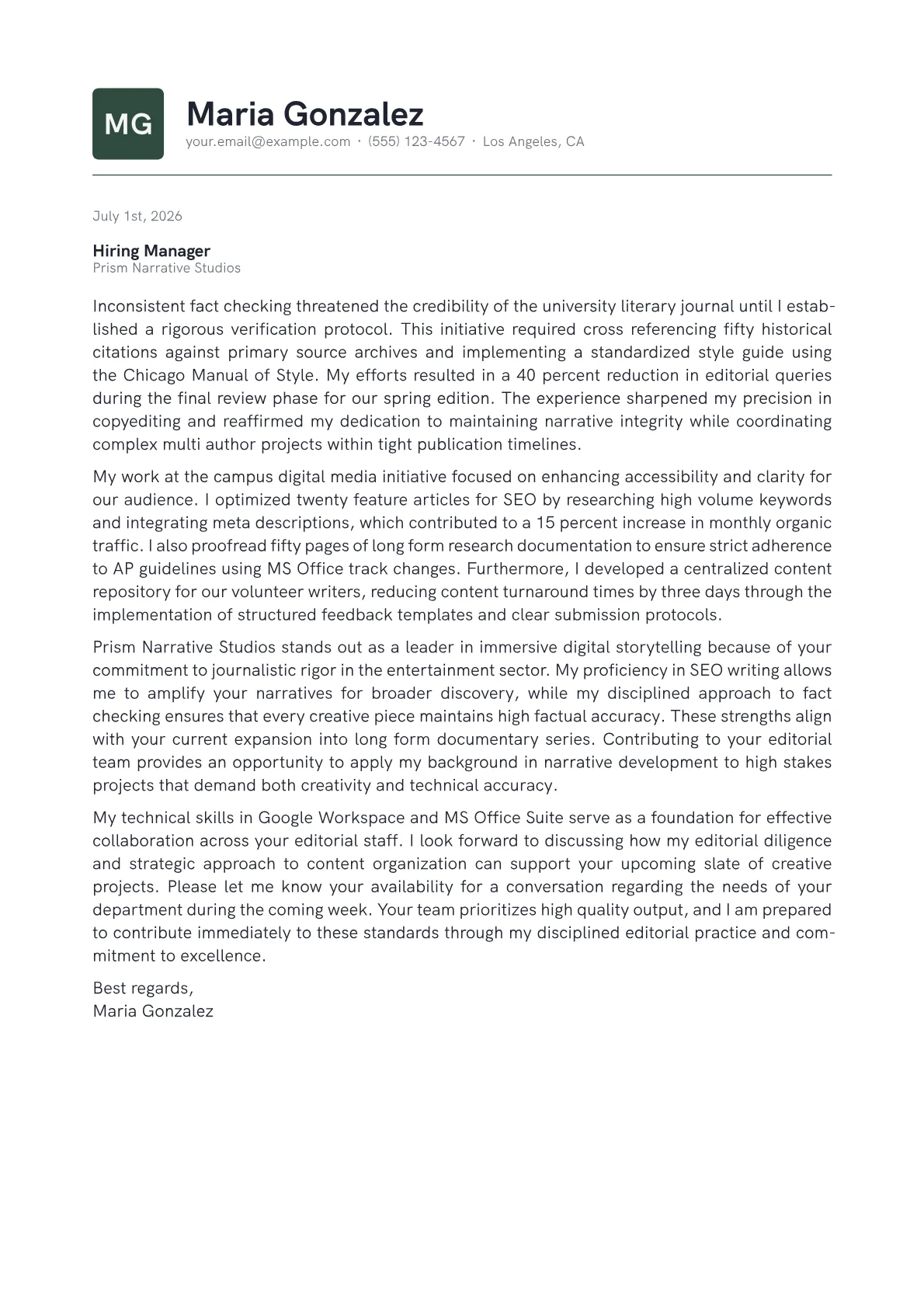 Editor cover letter in the Emblem design