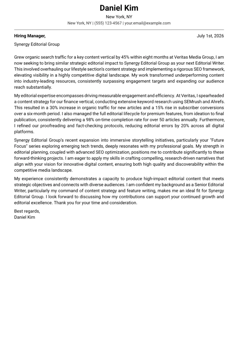 Editorial Writer cover letter example preview