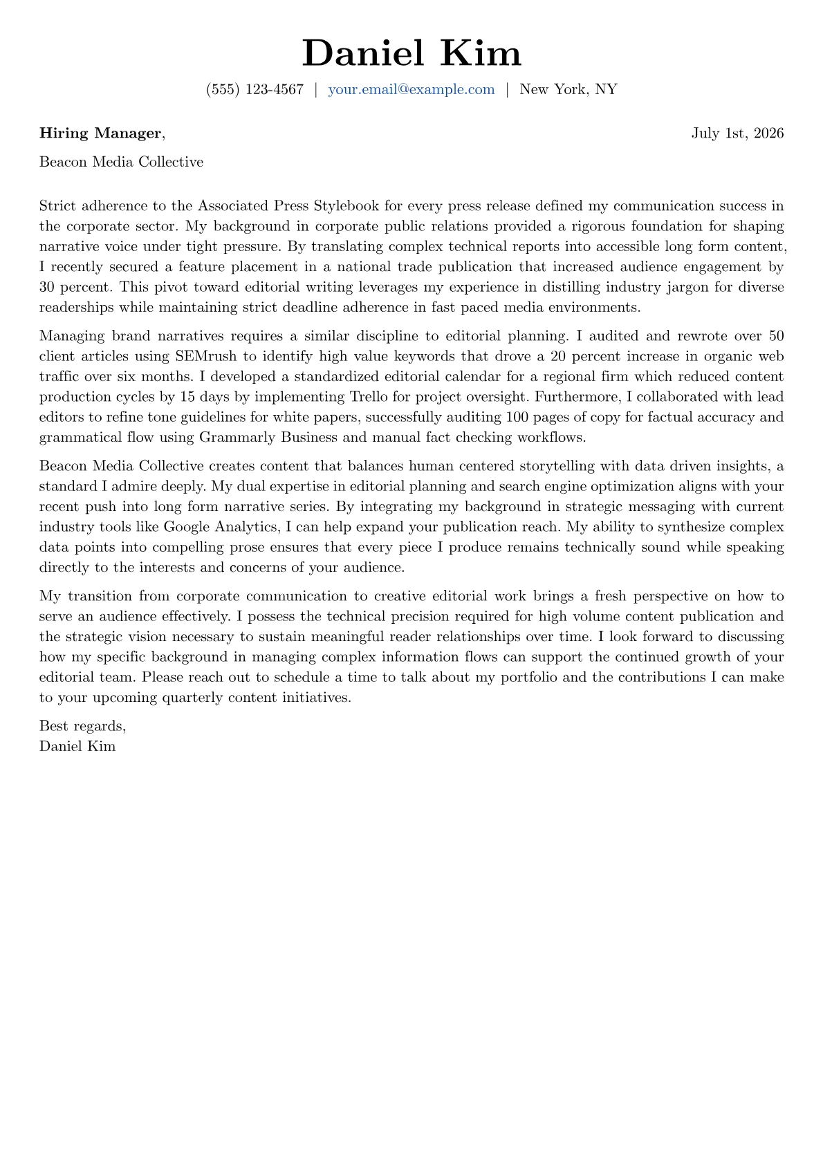 Editorial Writer cover letter in the Basic design
