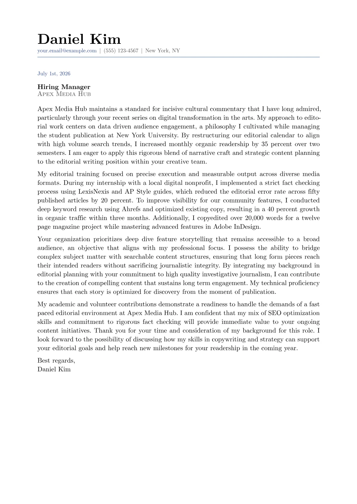 Editorial Writer cover letter in the Classic design