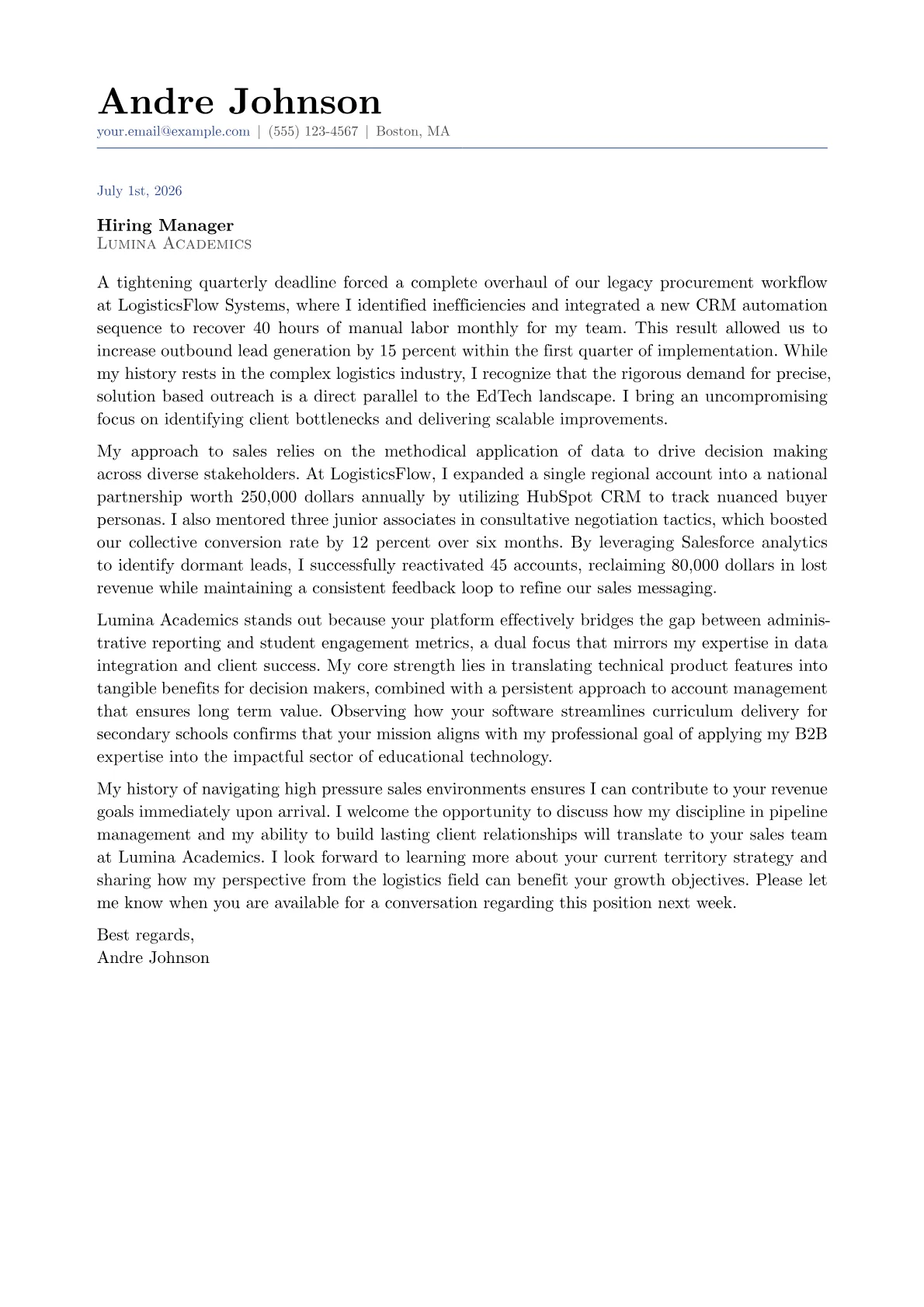 EdTech Sales Representative cover letter in the Classic design