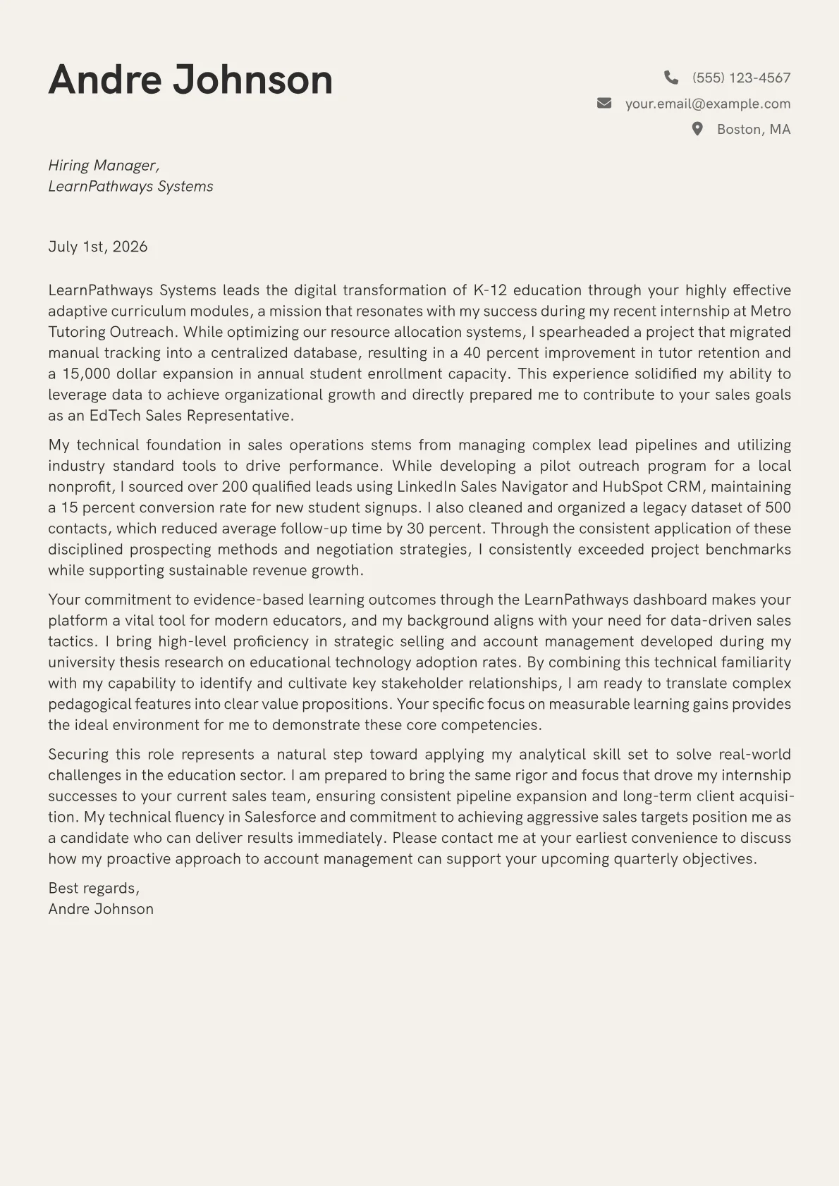 EdTech Sales Representative cover letter in the Creative design