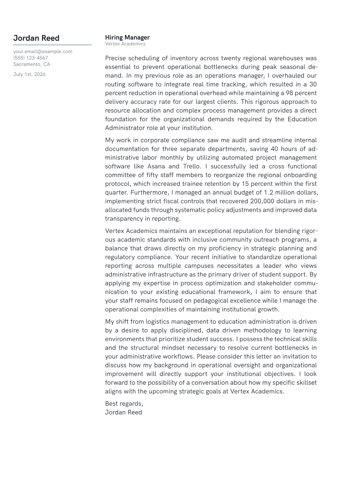 Education Administrator cover letter in the Margin design