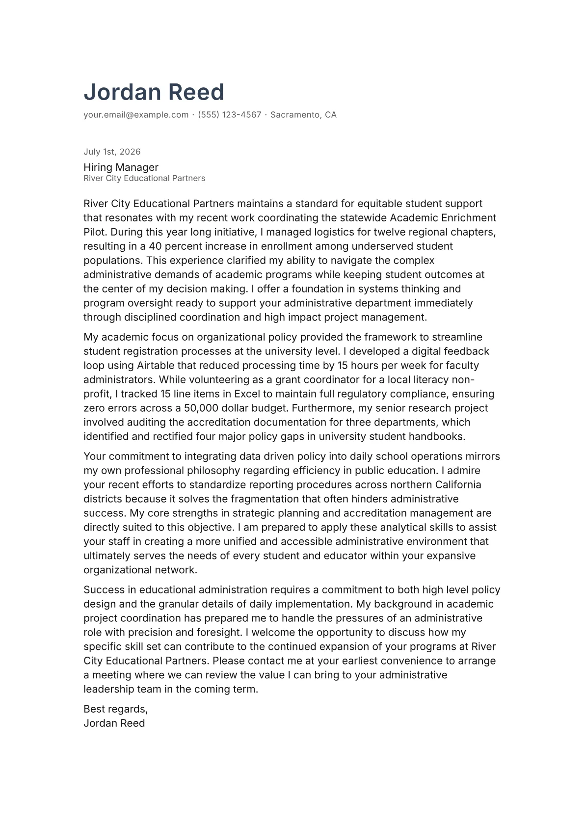 Education Administrator cover letter in the Minimal design