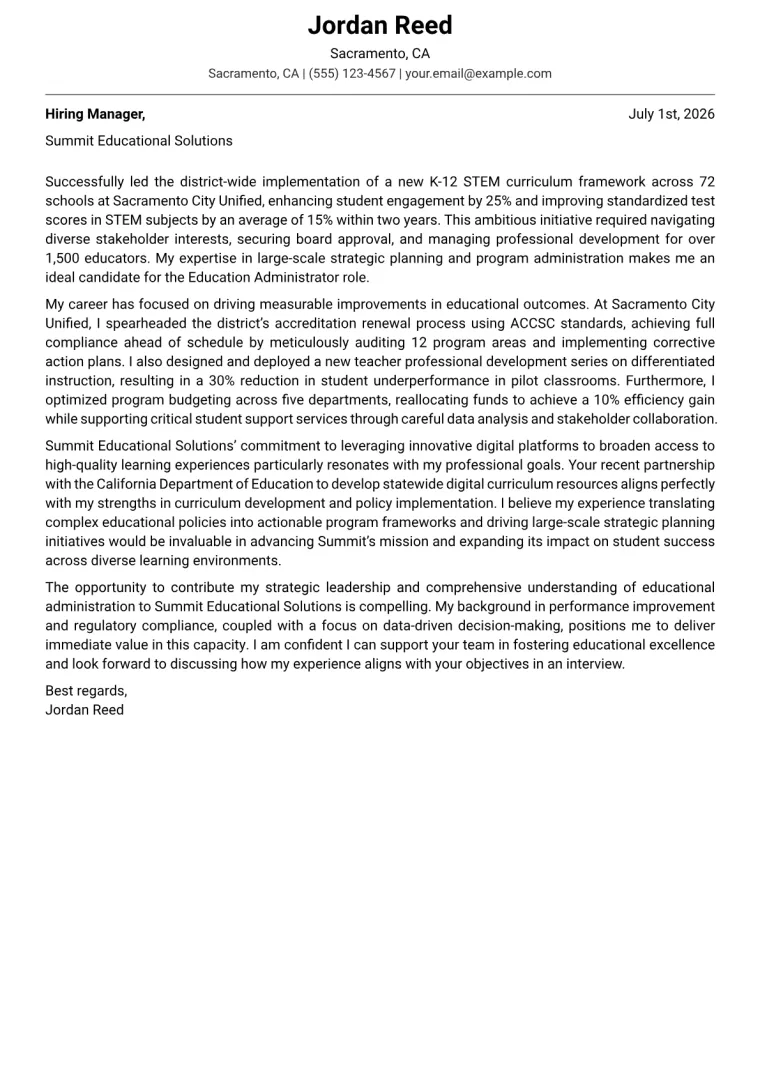 Education Administrator cover letter example preview