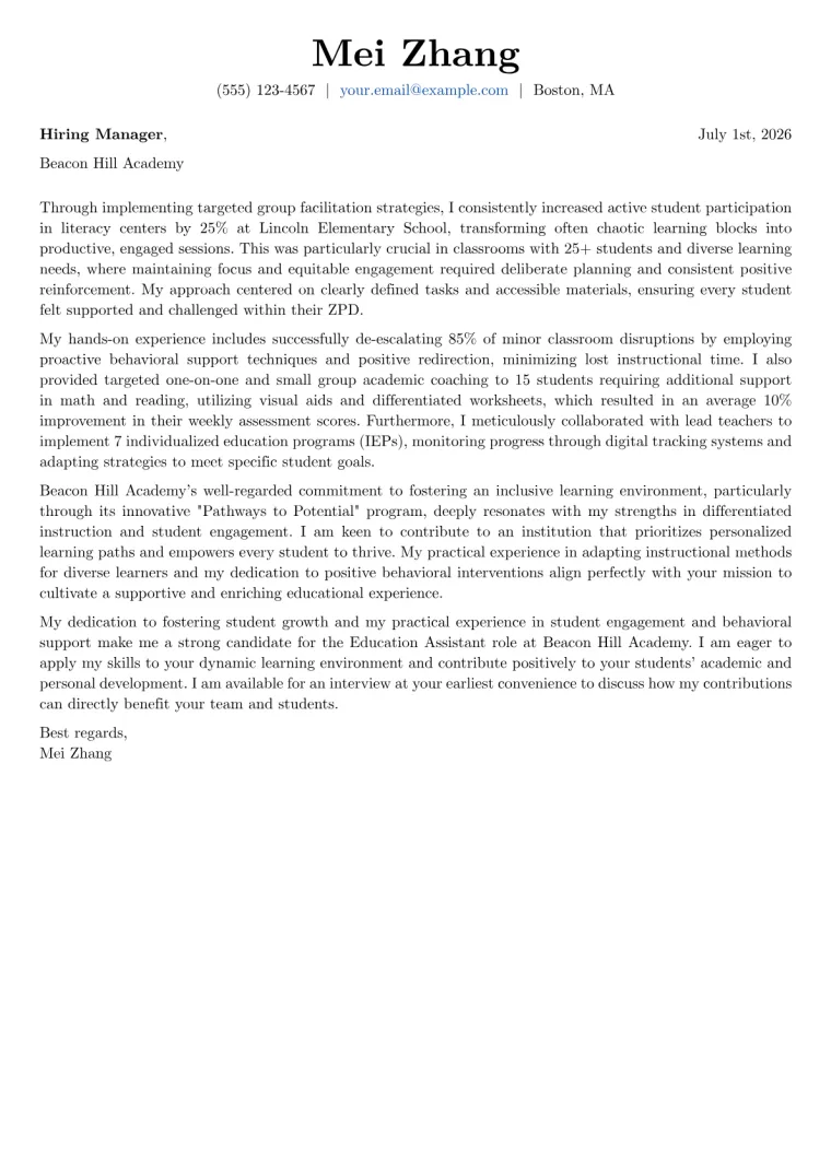 Education Assistant Cover Letter Example