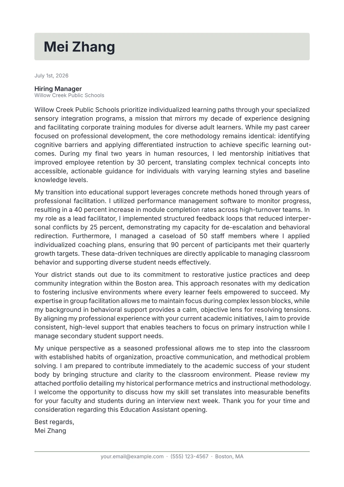 Education Assistant cover letter in the Letterhead design