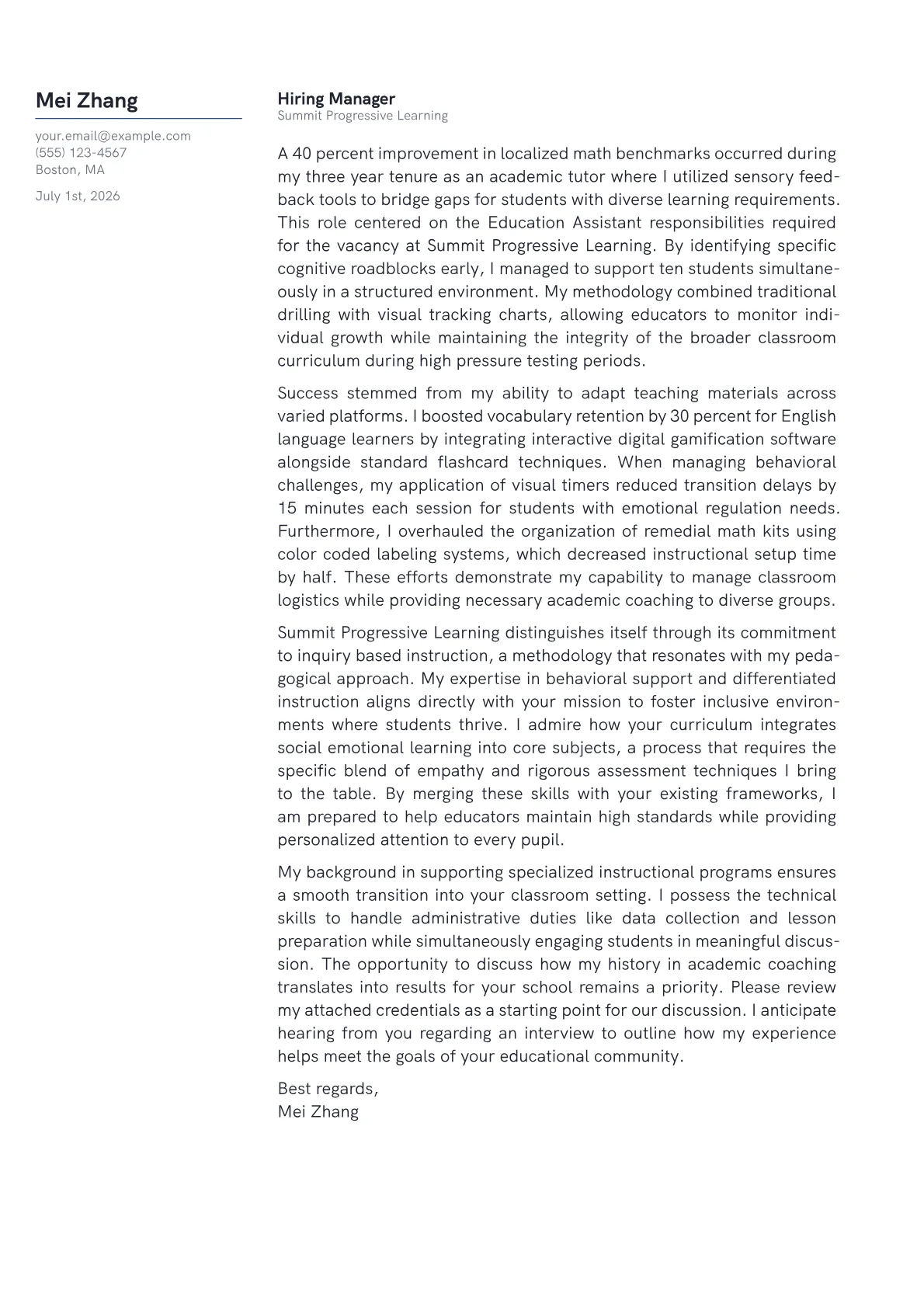 Education Assistant cover letter in the Margin design