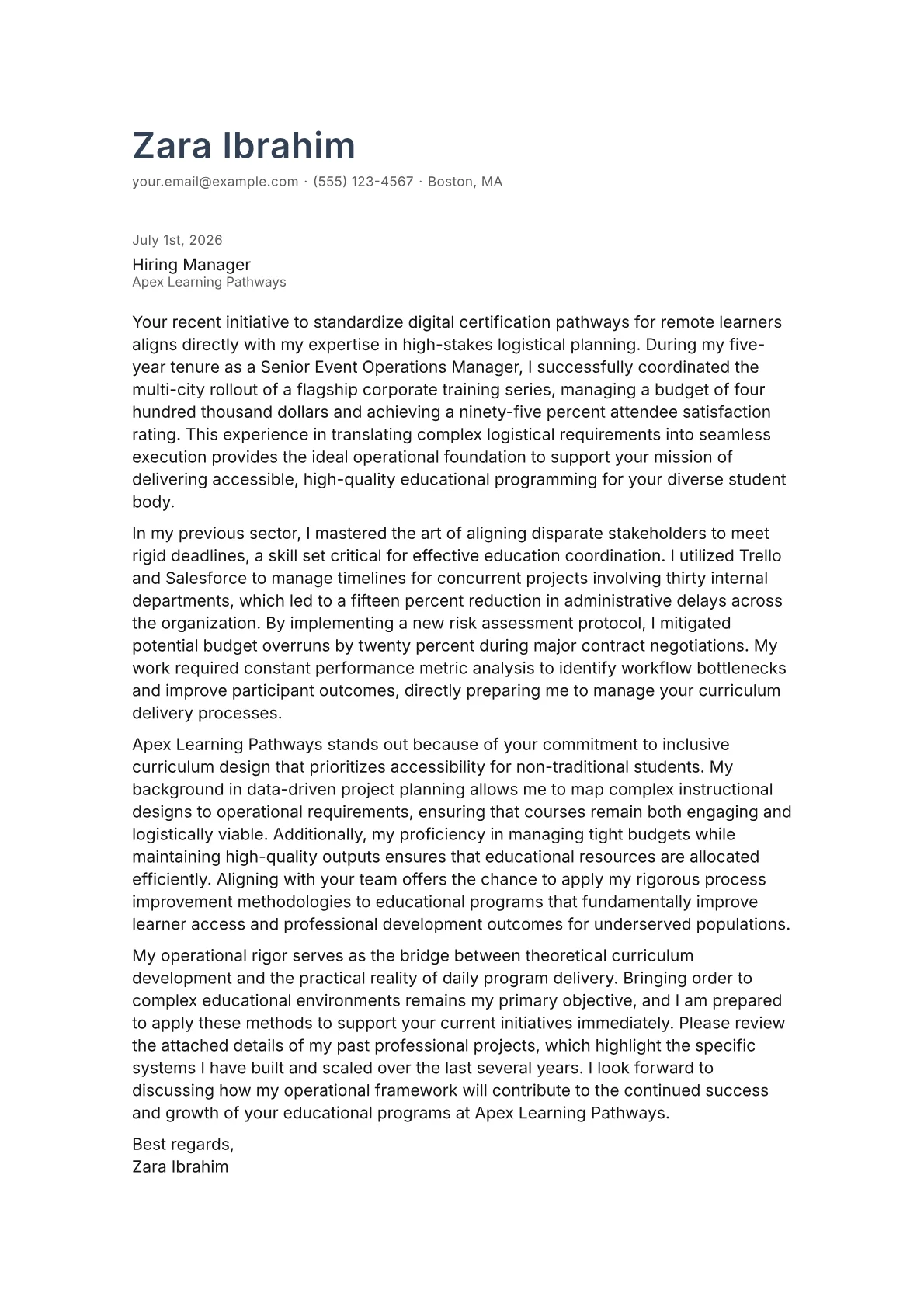 Education Coordinator cover letter in the Minimal design