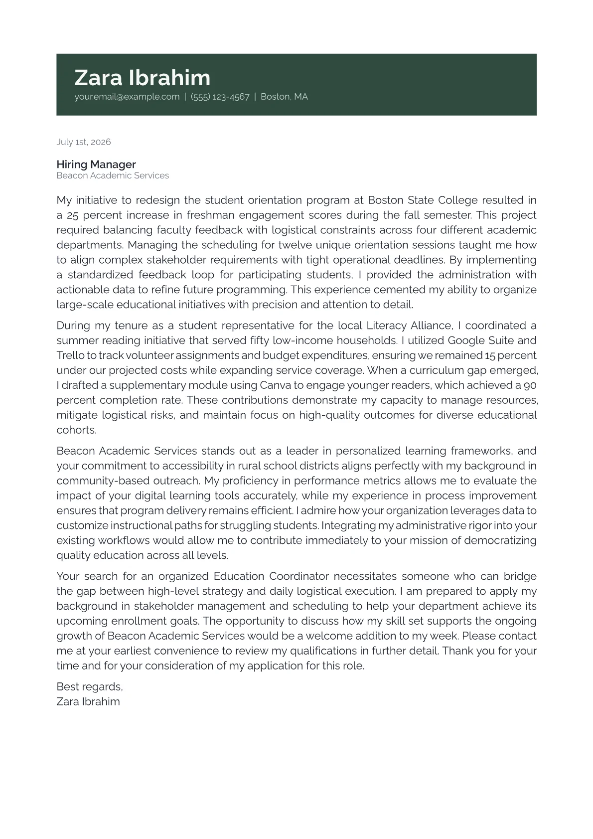 Education Coordinator cover letter in the Banner design