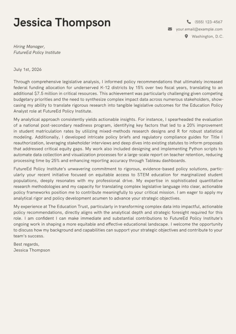 Education Policy Analyst cover letter example preview