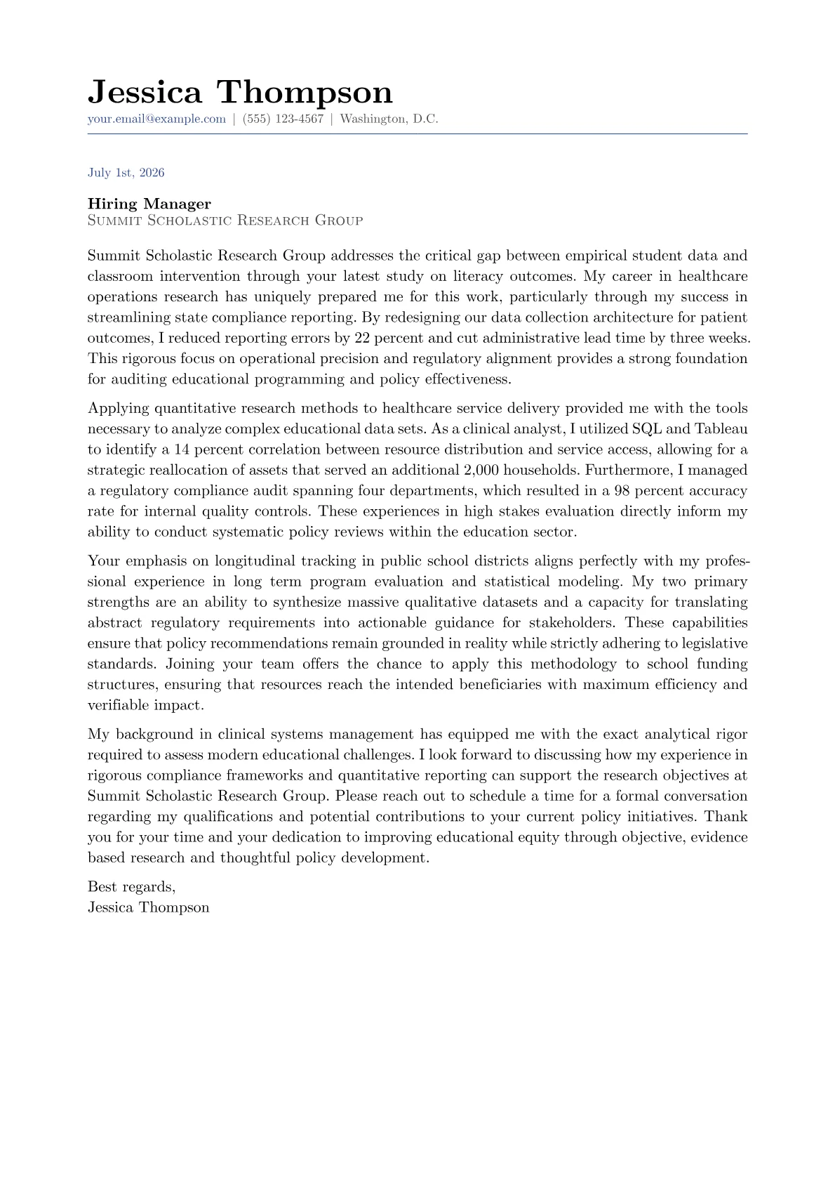 Education Policy Analyst cover letter in the Classic design