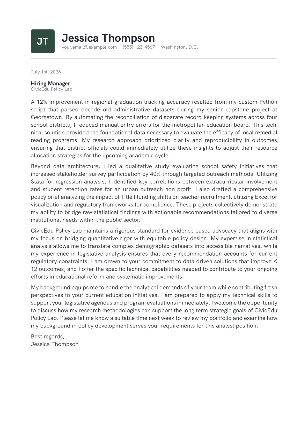 Education Policy Analyst cover letter in the Emblem design