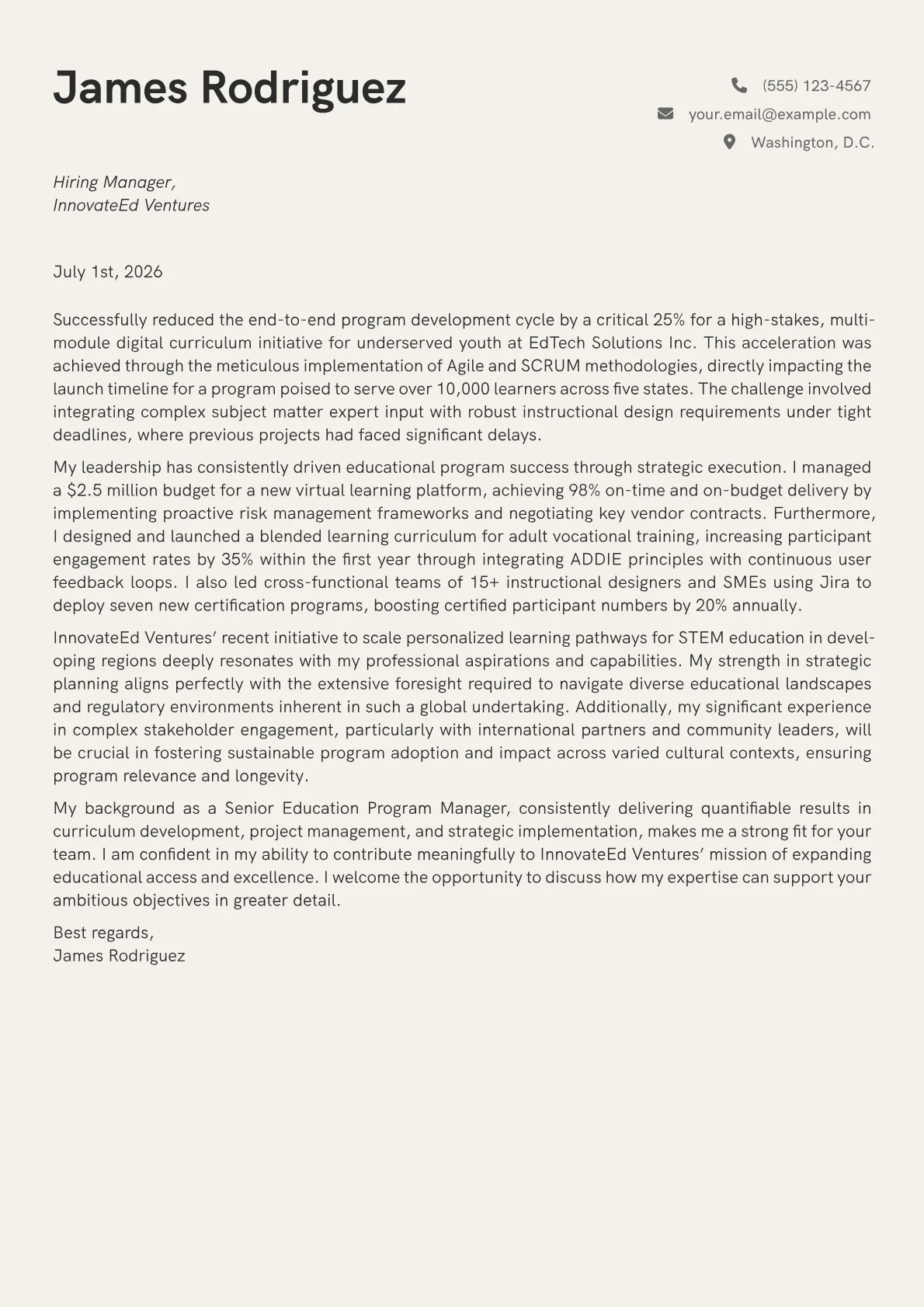Education Program Manager cover letter formatted with a JobSprout template