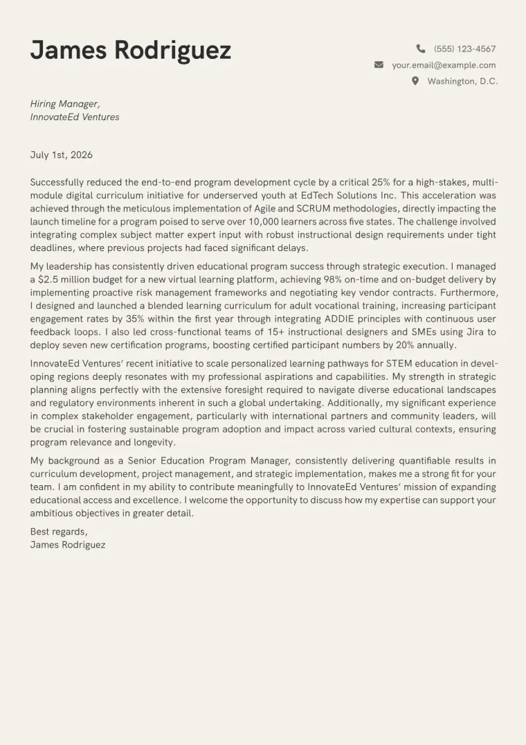 Education Program Manager cover letter example preview
