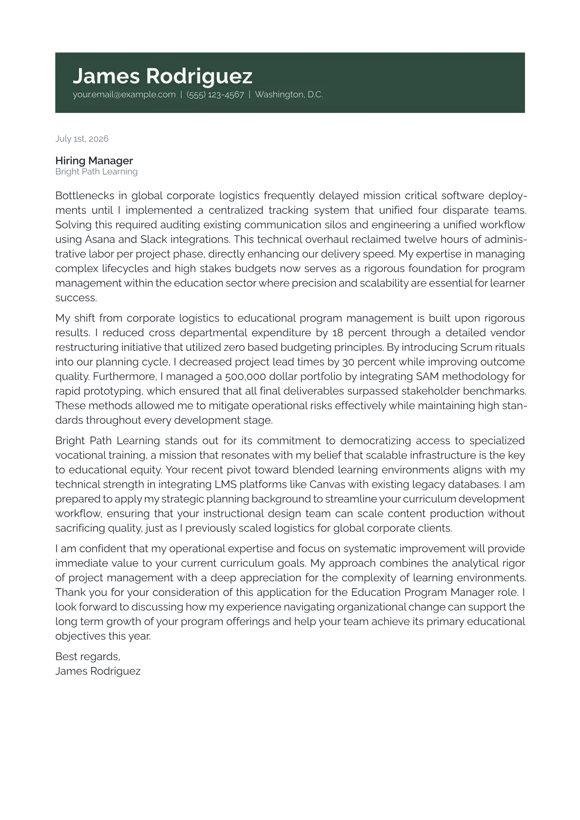 Education Program Manager cover letter in the Banner design