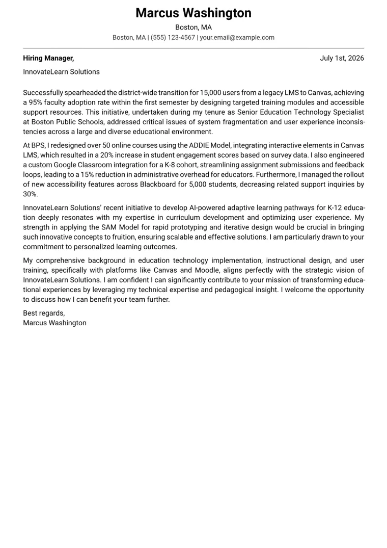 Education Technology Specialist cover letter example preview