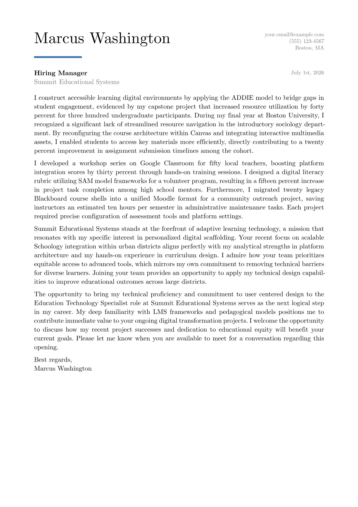 Education Technology Specialist cover letter in the Executive design