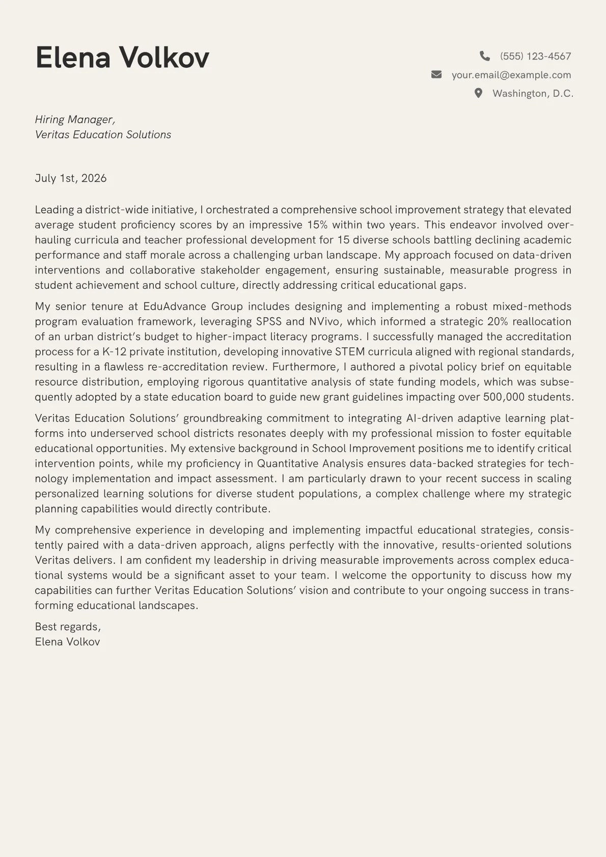 Educational Consultant cover letter formatted with a JobSprout template