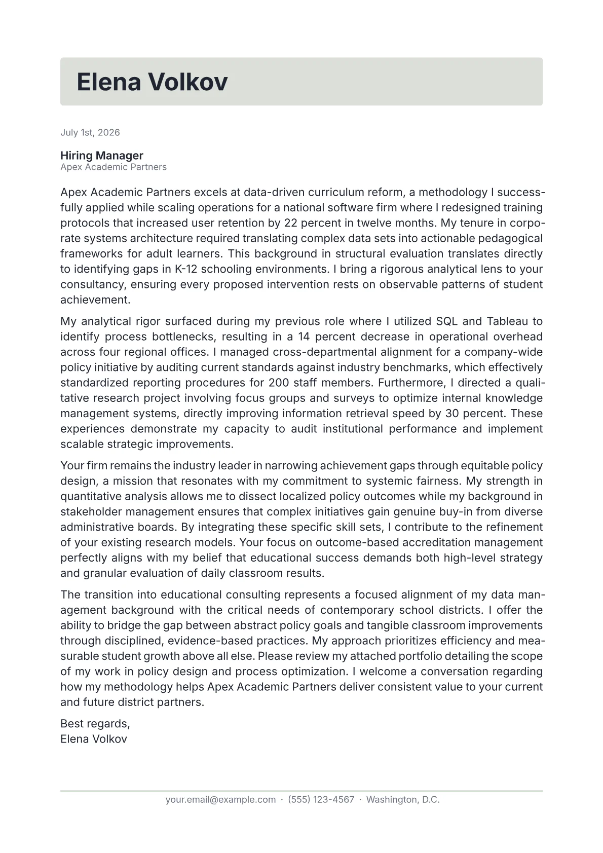 Educational Consultant cover letter in the Letterhead design