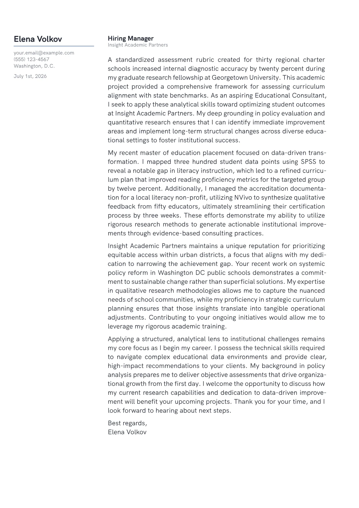 Educational Consultant cover letter in the Margin design