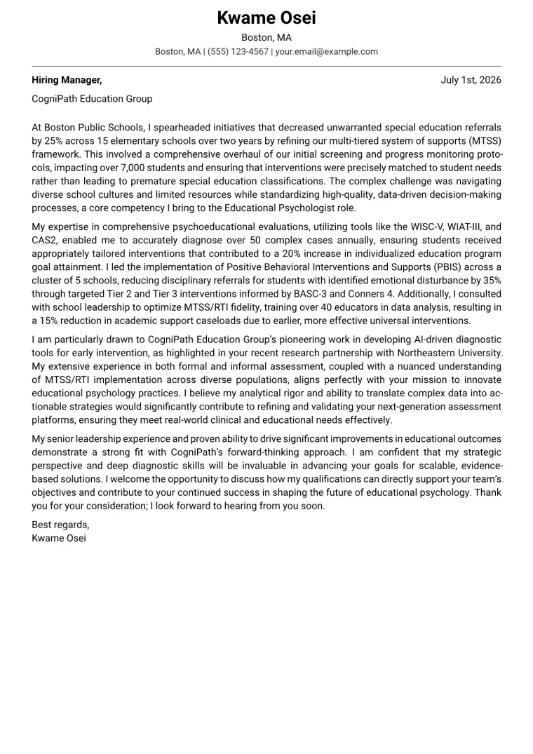 Educational Psychologist cover letter example