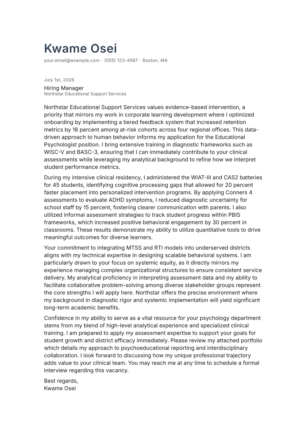 Educational Psychologist cover letter in the Minimal design
