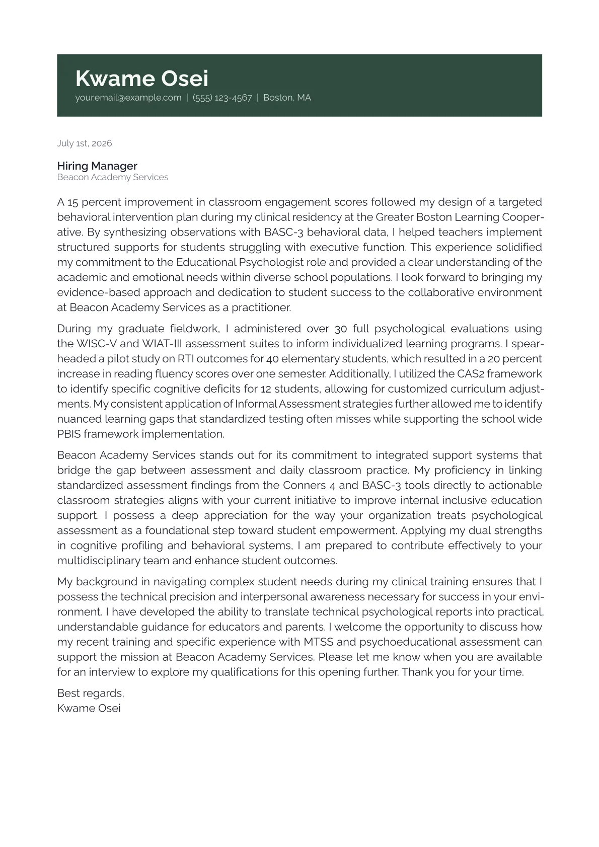 Educational Psychologist cover letter in the Banner design