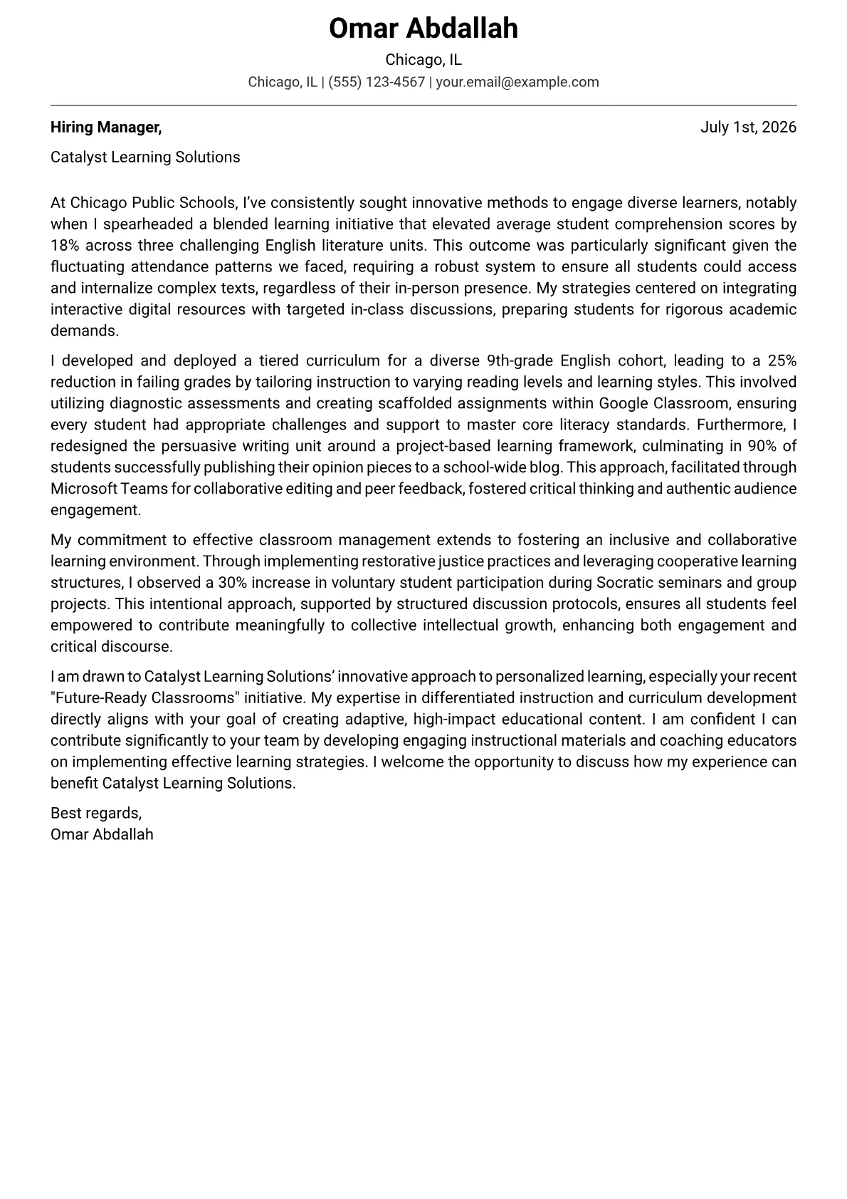 Educator cover letter formatted with a JobSprout template