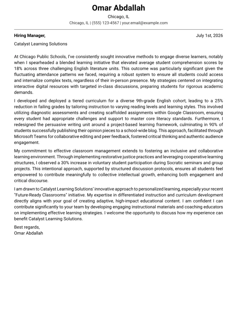 Educator cover letter example