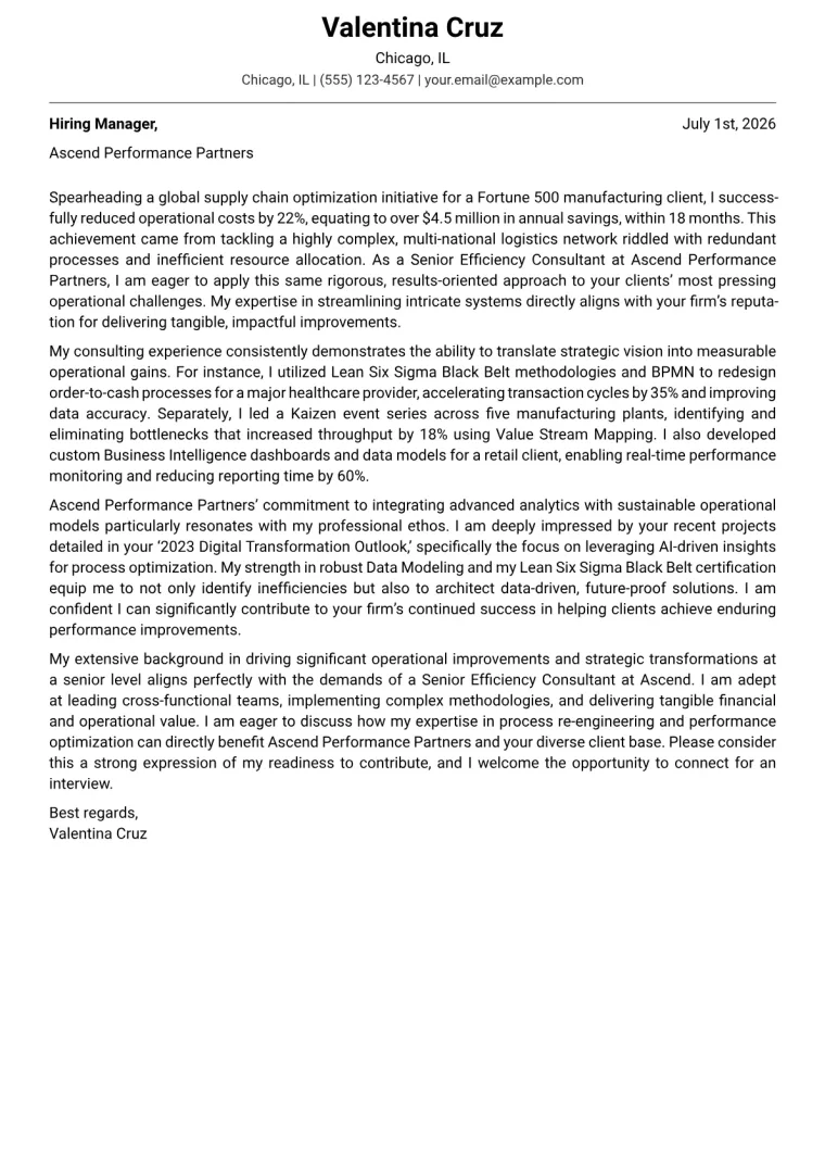 Efficiency Consultant cover letter example