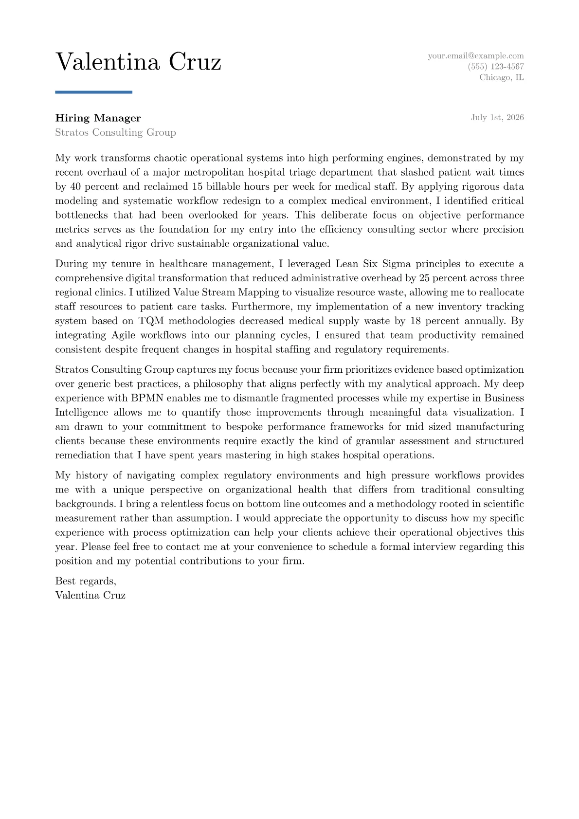 Efficiency Consultant cover letter in the Executive design