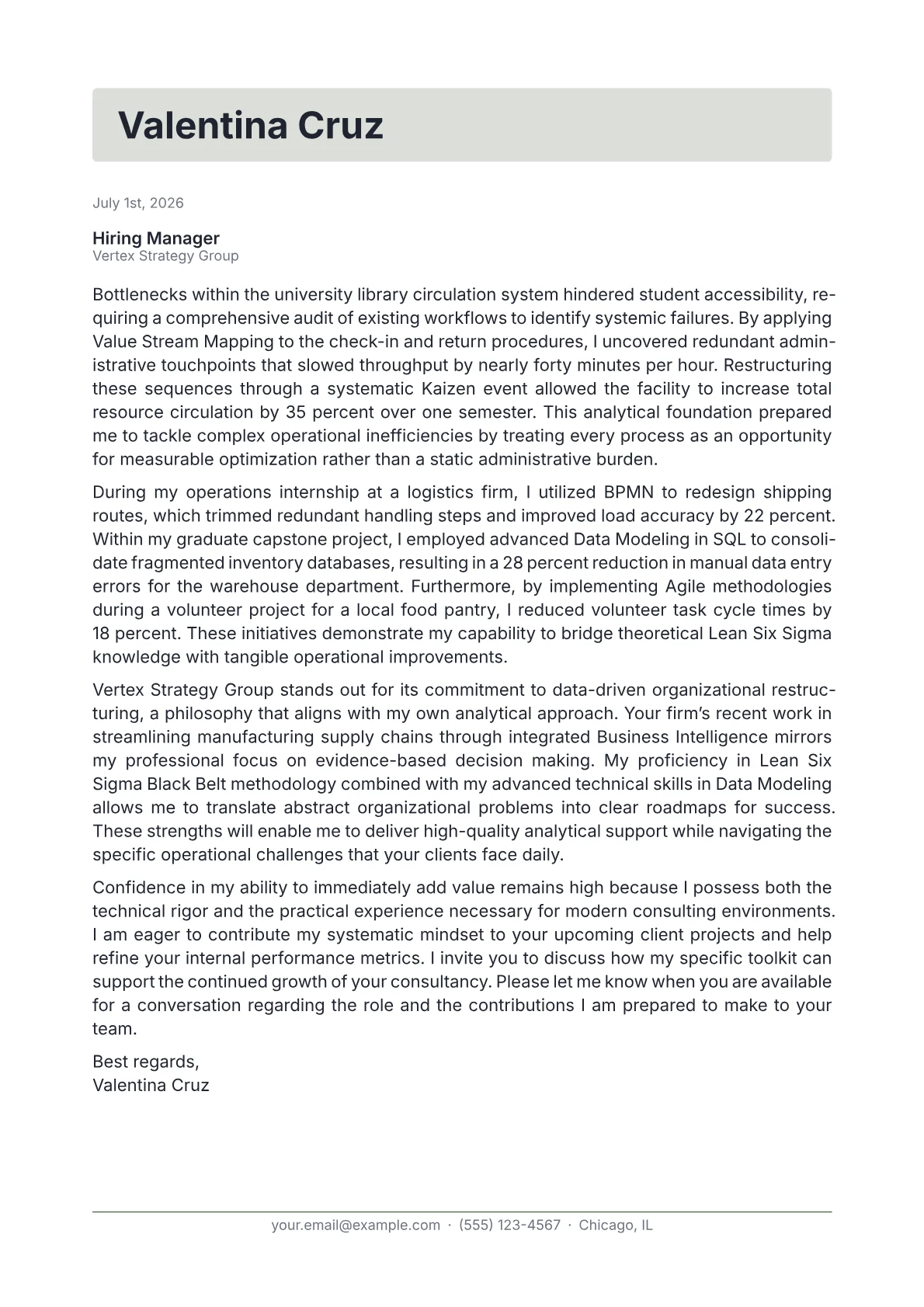 Efficiency Consultant cover letter in the Letterhead design