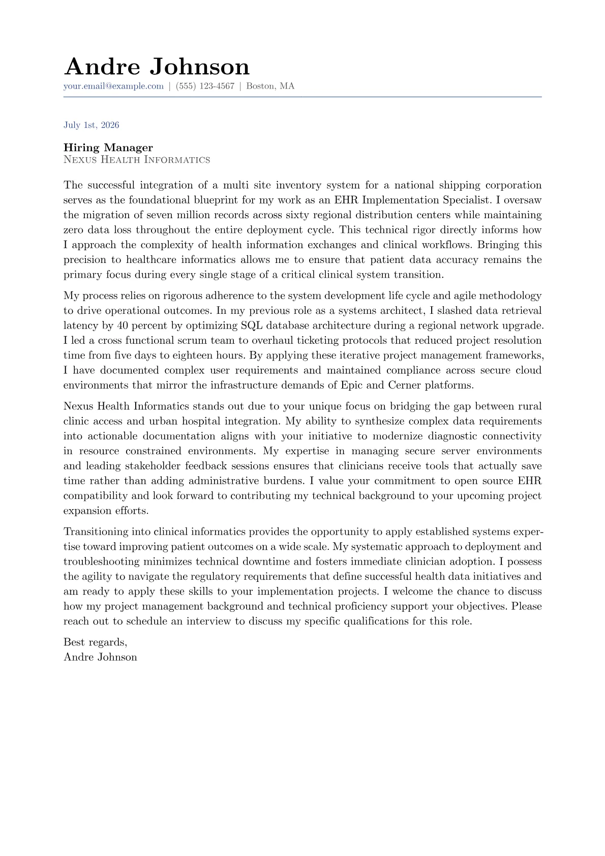 EHR Implementation Specialist cover letter in the Classic design