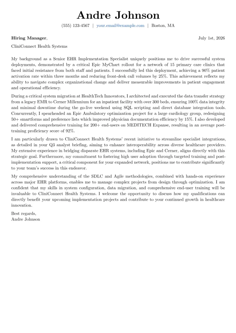 EHR Implementation Specialist cover letter example preview