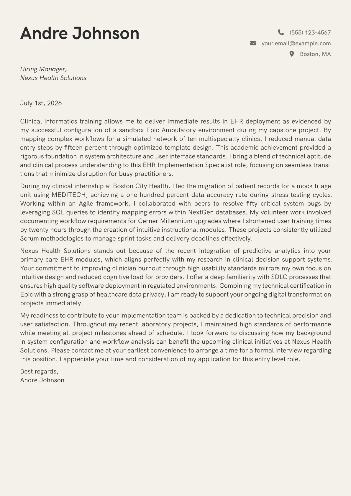 EHR Implementation Specialist cover letter in the Creative design